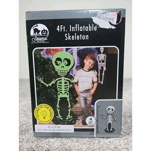 4 Feet Tall Inflatable Skeleton Glows In The Dark Indoor/Outdoor Halloween New